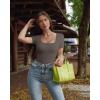 imageOQQ Womens 2 Piece Bodysuits Sexy Ribbed One Piece Square Neck Short Sleeve BodysuitsTea Leaf Beige
