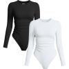 imageOQQ Womens 2 Piece Bodysuits Crew Neck Long Sleeve Ruched Stretch Fitted BodysuitsBlack white
