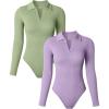 imageOQQ Womens 2 Piece Bodysuits Long Sleeve V Neck Polo Shirts Casual Stretch Fitted Bodysuits Pea green Taro purple