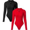 imageOQQ Womens 2 Piece Bodysuits Long Sleeve Zipper Polo Shirts Casual Stretch Fitted Bodysuits Black Red