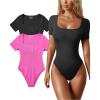imageOQQ Womens 2 Piece Bodysuits Sexy Ribbed One Piece Square Neck Short Sleeve BodysuitsBlack Rose