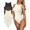 imageOQQ Womens 3 Piece Bodysuits Sexy Ribbed One Piece Sleeveless Halter Neck Tops Leotard Summer TrendyBlack Coffee Beige