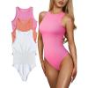 imageOQQ Womens 3 Piece Bodysuits Sexy Ribbed One Piece Sleeveless Halter Neck Tops Leotard Summer TrendyPhosphor Coralorange White