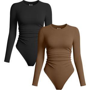 imageOQQ Womens 2 Piece Bodysuits Crew Neck Long Sleeve Ruched Stretch Fitted BodysuitsBlack coffee
