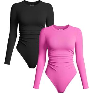 imageOQQ Womens 2 Piece Bodysuits Crew Neck Long Sleeve Ruched Stretch Fitted BodysuitsBlack rose