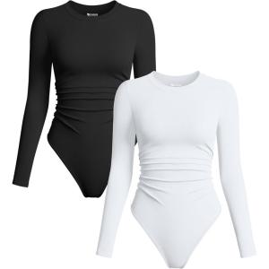 imageOQQ Womens 2 Piece Bodysuits Crew Neck Long Sleeve Ruched Stretch Fitted BodysuitsBlack white