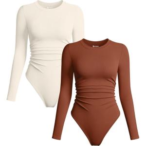 imageOQQ Womens 2 Piece Bodysuits Crew Neck Long Sleeve Ruched Stretch Fitted BodysuitsCaramel beige