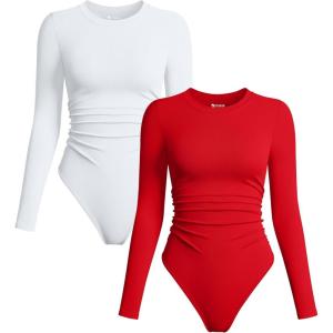 imageOQQ Womens 2 Piece Bodysuits Crew Neck Long Sleeve Ruched Stretch Fitted BodysuitsWhite red