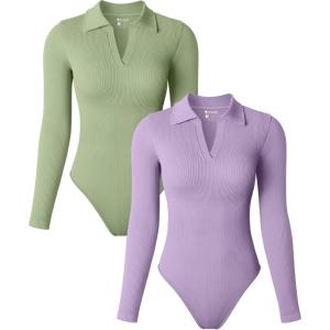 imageOQQ Womens 2 Piece Bodysuits Long Sleeve V Neck Polo Shirts Casual Stretch Fitted Bodysuits Pea green Taro purple