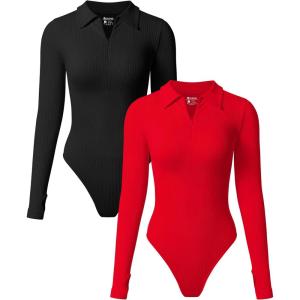 imageOQQ Womens 2 Piece Bodysuits Long Sleeve Zipper Polo Shirts Casual Stretch Fitted Bodysuits Black Red