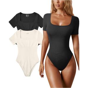 imageOQQ Womens 2 Piece Bodysuits Sexy Ribbed One Piece Square Neck Short Sleeve BodysuitsBlack Beige
