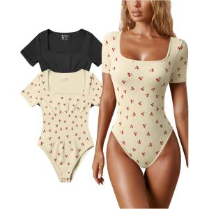imageOQQ Womens 2 Piece Bodysuits Sexy Ribbed One Piece Square Neck Short Sleeve BodysuitsBlack Cherry Beige