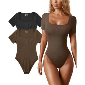 imageOQQ Womens 2 Piece Bodysuits Sexy Ribbed One Piece Square Neck Short Sleeve BodysuitsBlack Coffee
