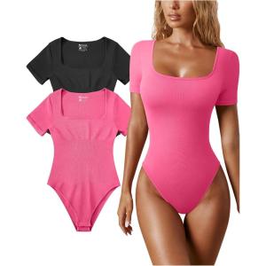 imageOQQ Womens 2 Piece Bodysuits Sexy Ribbed One Piece Square Neck Short Sleeve BodysuitsBlack Coral