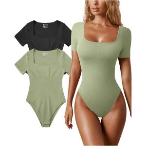 imageOQQ Womens 2 Piece Bodysuits Sexy Ribbed One Piece Square Neck Short Sleeve BodysuitsBlack Jade Green