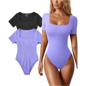 imageOQQ Womens 2 Piece Bodysuits Sexy Ribbed One Piece Square Neck Short Sleeve BodysuitsBlack Purple