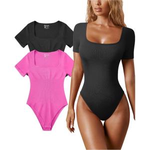 imageOQQ Womens 2 Piece Bodysuits Sexy Ribbed One Piece Square Neck Short Sleeve BodysuitsBlack Rose