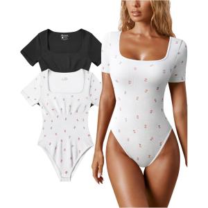 imageOQQ Womens 2 Piece Bodysuits Sexy Ribbed One Piece Square Neck Short Sleeve BodysuitsBlack Rose White