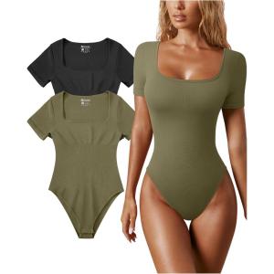 imageOQQ Womens 2 Piece Bodysuits Sexy Ribbed One Piece Square Neck Short Sleeve BodysuitsBlack Sauerkraut