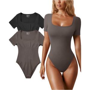 imageOQQ Womens 2 Piece Bodysuits Sexy Ribbed One Piece Square Neck Short Sleeve BodysuitsBlack Tea Leaf