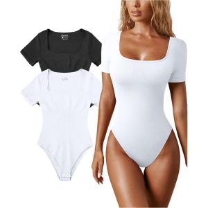 imageOQQ Womens 2 Piece Bodysuits Sexy Ribbed One Piece Square Neck Short Sleeve BodysuitsBlack White