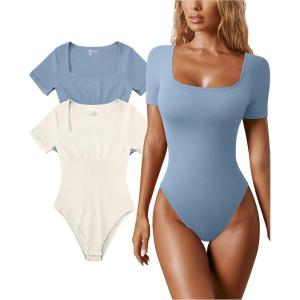 imageOQQ Womens 2 Piece Bodysuits Sexy Ribbed One Piece Square Neck Short Sleeve BodysuitsBlue Beige