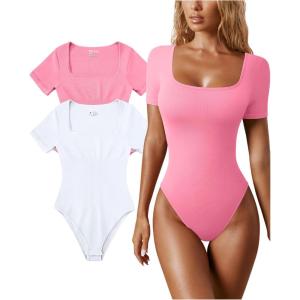 imageOQQ Womens 2 Piece Bodysuits Sexy Ribbed One Piece Square Neck Short Sleeve BodysuitsCandypink White