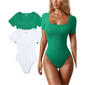 imageOQQ Womens 2 Piece Bodysuits Sexy Ribbed One Piece Square Neck Short Sleeve BodysuitsGreen White