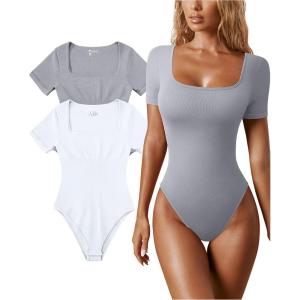 imageOQQ Womens 2 Piece Bodysuits Sexy Ribbed One Piece Square Neck Short Sleeve BodysuitsGrey White