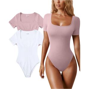 imageOQQ Womens 2 Piece Bodysuits Sexy Ribbed One Piece Square Neck Short Sleeve BodysuitsHide Pink White