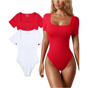 imageOQQ Womens 2 Piece Bodysuits Sexy Ribbed One Piece Square Neck Short Sleeve BodysuitsRed White