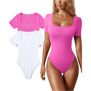imageOQQ Womens 2 Piece Bodysuits Sexy Ribbed One Piece Square Neck Short Sleeve BodysuitsRose White