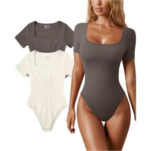 imageOQQ Womens 2 Piece Bodysuits Sexy Ribbed One Piece Square Neck Short Sleeve BodysuitsTea Leaf Beige
