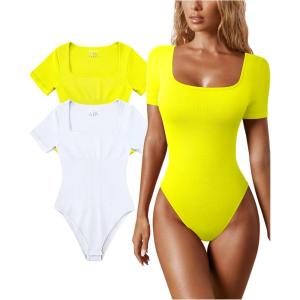 imageOQQ Womens 2 Piece Bodysuits Sexy Ribbed One Piece Square Neck Short Sleeve BodysuitsYellow White