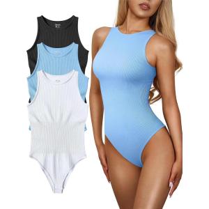 imageOQQ Womens 3 Piece Bodysuits Sexy Ribbed One Piece Sleeveless Halter Neck Tops Leotard Summer TrendyBlack Candyblue White