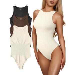 imageOQQ Womens 3 Piece Bodysuits Sexy Ribbed One Piece Sleeveless Halter Neck Tops Leotard Summer TrendyBlack Coffee Beige