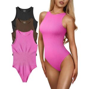 imageOQQ Womens 3 Piece Bodysuits Sexy Ribbed One Piece Sleeveless Halter Neck Tops Leotard Summer TrendyBlack Coffee Rose