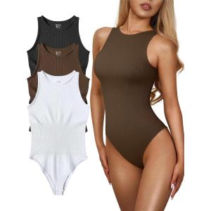 imageOQQ Womens 3 Piece Bodysuits Sexy Ribbed One Piece Sleeveless Halter Neck Tops Leotard Summer TrendyBlack Coffee White
