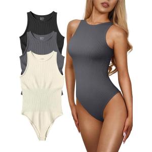 imageOQQ Womens 3 Piece Bodysuits Sexy Ribbed One Piece Sleeveless Halter Neck Tops Leotard Summer TrendyBlack Darkgrey Beige