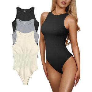 imageOQQ Womens 3 Piece Bodysuits Sexy Ribbed One Piece Sleeveless Halter Neck Tops Leotard Summer TrendyBlack Grey Beige
