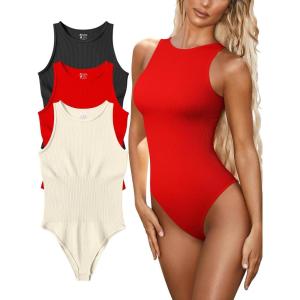 imageOQQ Womens 3 Piece Bodysuits Sexy Ribbed One Piece Sleeveless Halter Neck Tops Leotard Summer TrendyBlack Red Beige
