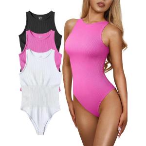 imageOQQ Womens 3 Piece Bodysuits Sexy Ribbed One Piece Sleeveless Halter Neck Tops Leotard Summer TrendyBlack Rose White