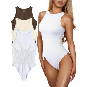 imageOQQ Womens 3 Piece Bodysuits Sexy Ribbed One Piece Sleeveless Halter Neck Tops Leotard Summer TrendyCoffee Beige White