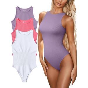 imageOQQ Womens 3 Piece Bodysuits Sexy Ribbed One Piece Sleeveless Halter Neck Tops Leotard Summer TrendyTaro Purple Fluorescent Pink a White