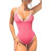 imageOQQ Womens One Piece Swimsuit Tummy Control V Neck Bathing Suits 2025 TrendyFluopink