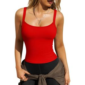 imageOQQ Women Sleeveless Tank Top Adjustable Fitting Scoop Neck Stretch Clothes Basic Cami Shirts 2025Red