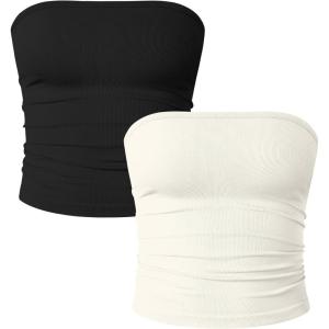 imageOQQ Womens 2 Piece Tube Tops Strapless Basic Sleeveless Stretch ClassicFit Shirts Sexy Crop TopsBlack beige