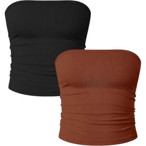 imageOQQ Womens 2 Piece Tube Tops Strapless Basic Sleeveless Stretch ClassicFit Shirts Sexy Crop TopsBlack caramel