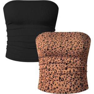 imageOQQ Womens 2 Piece Tube Tops Strapless Basic Sleeveless Stretch ClassicFit Shirts Sexy Crop TopsBlack leopard Coffee