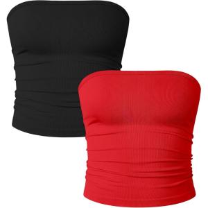 imageOQQ Womens 2 Piece Tube Tops Strapless Basic Sleeveless Stretch ClassicFit Shirts Sexy Crop TopsBlack red